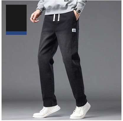 Autumn Winter Blue Jeans Men Drawstring Elastic Waist Cotton Cargo Denim Pants Work Fashion Thick Trousers Male Plus Size M-4XL