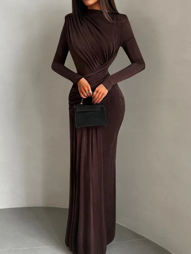 Folds Maxi Dress Women O-Neck Full Sleeve Solid Banquet Elegant Vacation Fashion Autumn Skinny Casual Simple Vestido