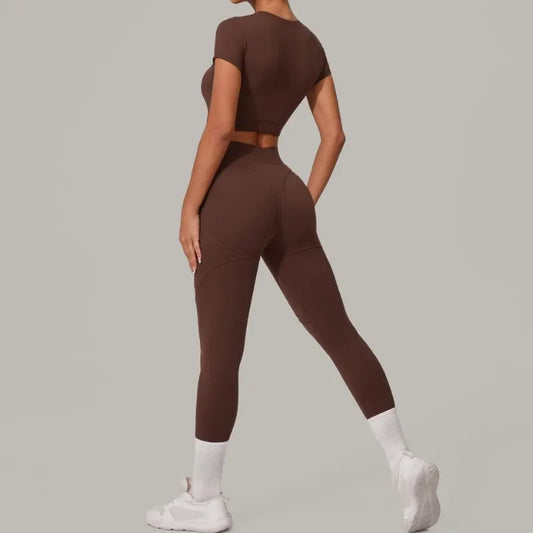 Gym Workout Yoga Fitness Sports Suit Short-sleeved Top Padded-free High-waisted Hip-lifting Trousers Outdoors Leisure Sportswear