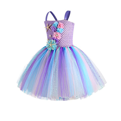 Girls Mermaid Tutu Dress Under the Sea Theme Birthday Party Carnival Costumes with Flower Headband Ocean Halloween Dresses 1-12Y