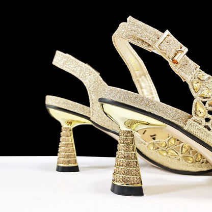 Italian Design Rhinestone-encrusted Sex Ladies Shoes And Special Bag High Heels And Heart Shape Gold Mini Bag