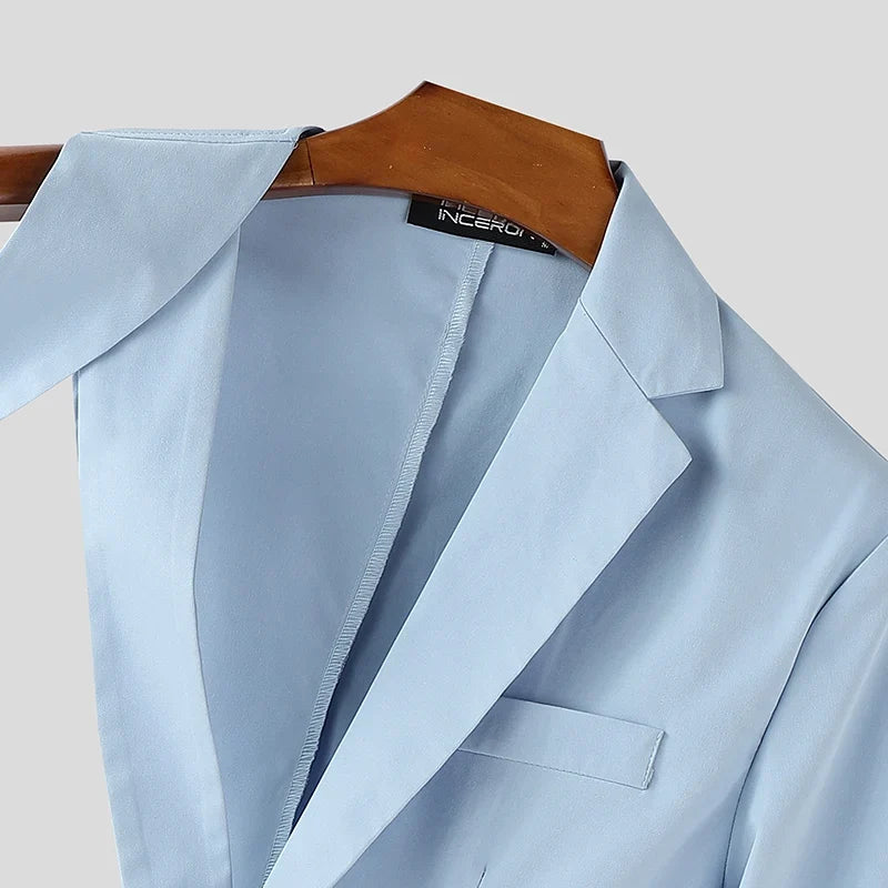 Men Irregular Blazer Lapel One-shoulder Long Sleeve Button Hollow Out Casual Suit Men Streetwear 2025 Fashion Thin Coats
