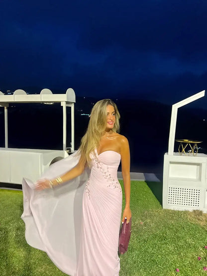 Pink Chiffon Mermaid Evening Dresses Sweetheart One Shoulder Pleated Prom Dresses Saudi Arabric Formal Prom Gowns Customiz