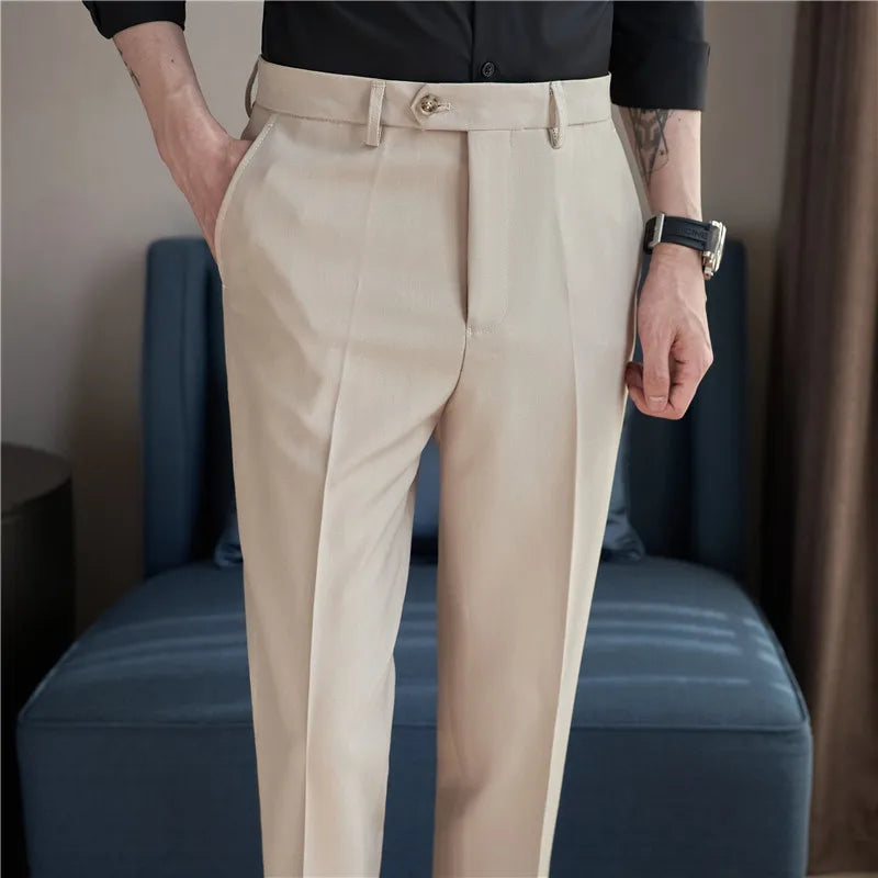 2024 New Men's Slim Fit Tapered Dress Pants Apricot Pearlescent Texture Business Casual Suit Trousers Spring Clothes