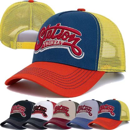 New Unisex American Locomotive Letter Embroidery Baseball Hats Sunshade Color Block Breathable Retro Trucker Caps Versatile Mesh