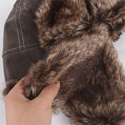 New Leather Winter Hat Faux Fur Lined Pilot Ski Ushanka Thicken Warm Windproof Snow Cap With Ear Flap Men's Hats & Caps