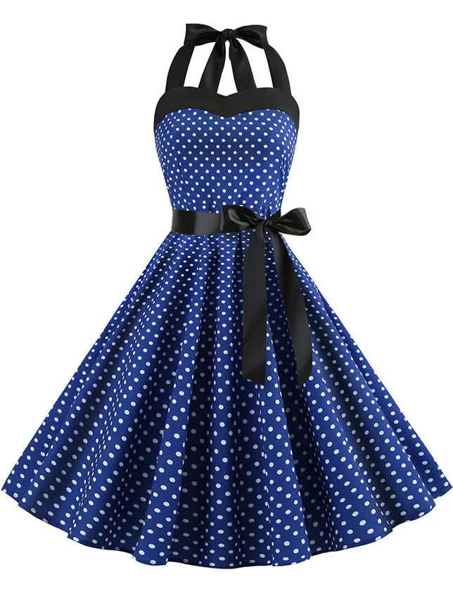 Women Polka Dot Print Summer Dress Sexy Retro White Halter Vintage Dress Robe Femme Pin Up Rockabilly Party Dress