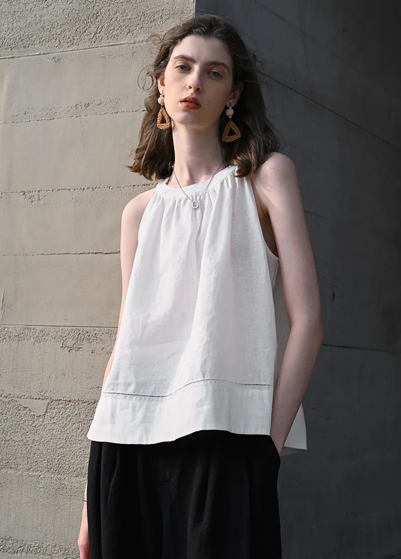 100% Linen Halter Tops Women 2026 Summer New Round Neck Sleeveless Tank Top French Office Ladies Loose Camisoles