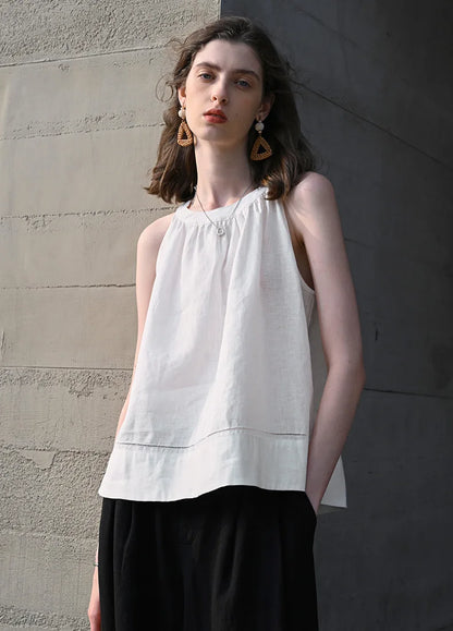 100% Linen Halter Tops Women 2026 Summer New Round Neck Sleeveless Tank Top French Office Ladies Loose Camisoles