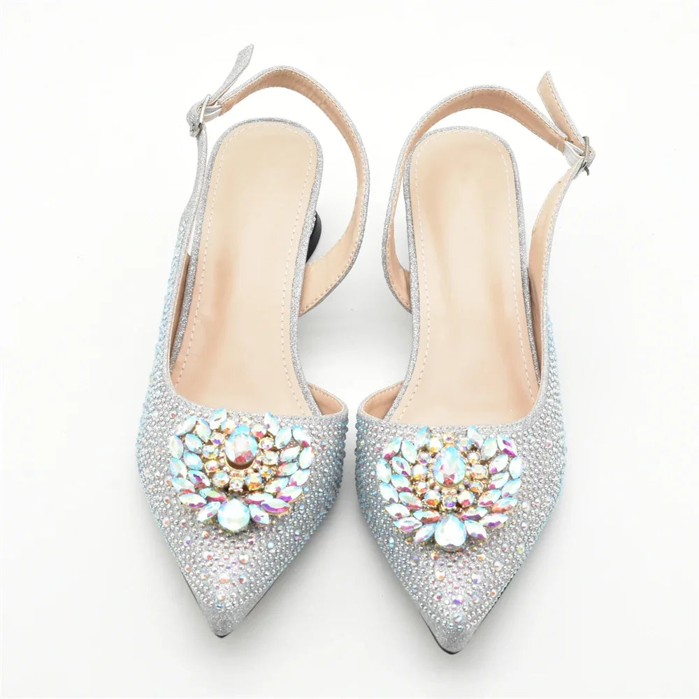 Luxury Designer Silver Italian Matching Shoes and Bag Set Decorated with Rhinestone Shoe and Bag Set for Party in Women Nigerian
