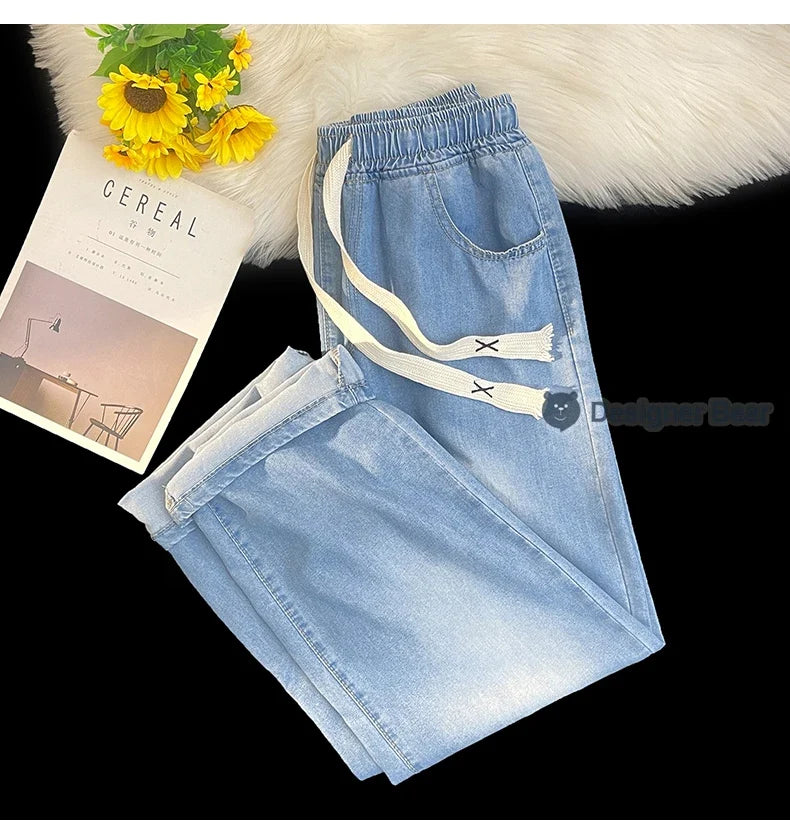 2026 New Spring Summer Men's Baggy Jeans Lyocell Fabric Wide Leg Pants Drawstring Trousers Male City Boy Plus Size S-4 5XL Y2K