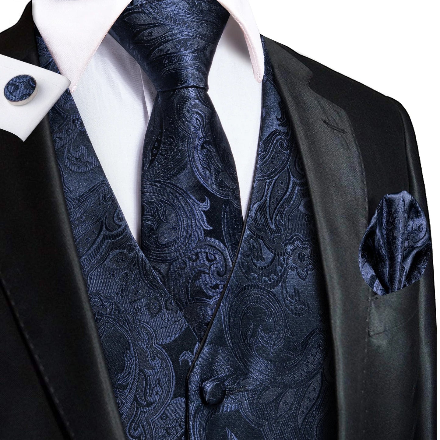 Men's Silk Vests Fashion Dark Green Floral Jacquard Handkerchief Cufflinks Necktie Sleeveless Wistcoat Sets Wedding Party