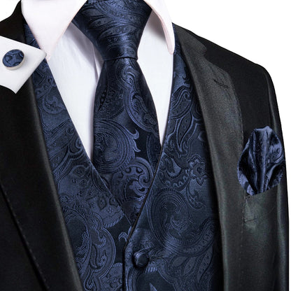 Men's Silk Vests Fashion Dark Green Floral Jacquard Handkerchief Cufflinks Necktie Sleeveless Wistcoat Sets Wedding Party