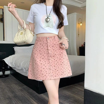 Floral Skirts Women Denim Mini A-line Sweet High Waist Korean Fashion Age-reducing Summer Lovely Girls Tender Temperament Ins