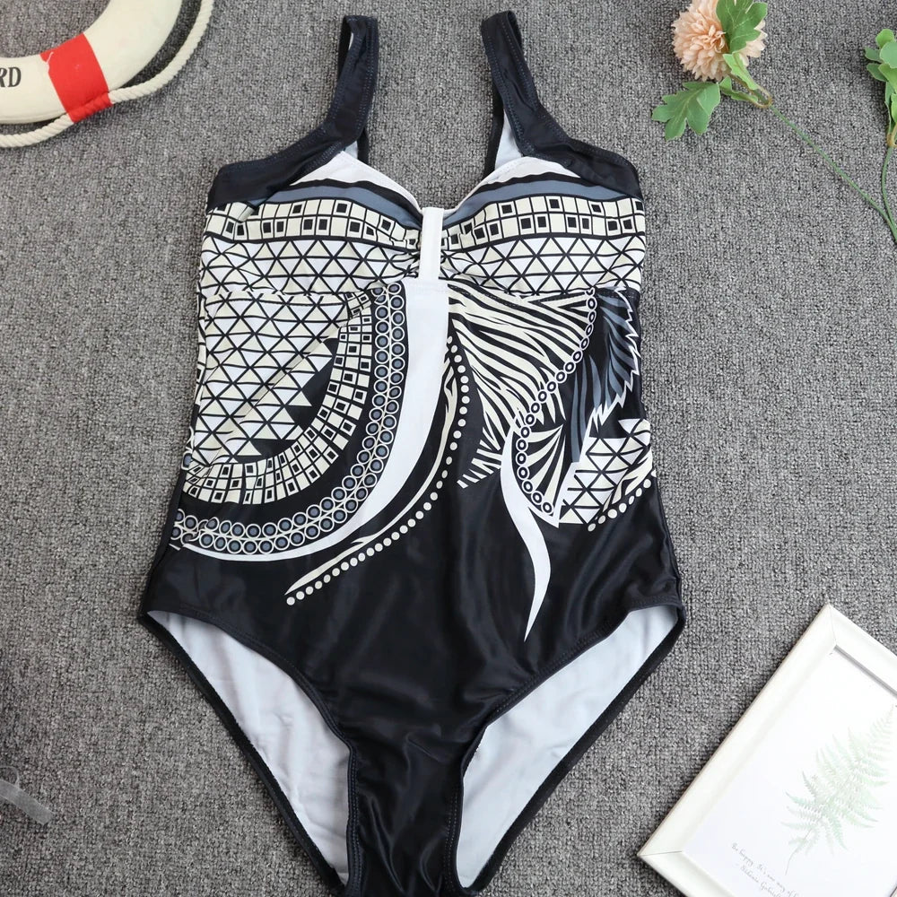 2024 Vintage One Piece Swimsuit Women Swimwear Tummy Control Monokini Sexy Bodysuit Print BathingSuit Female Beachwear Plus Size