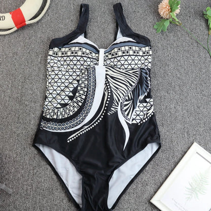 2024 Vintage One Piece Swimsuit Women Swimwear Tummy Control Monokini Sexy Bodysuit Print BathingSuit Female Beachwear Plus Size