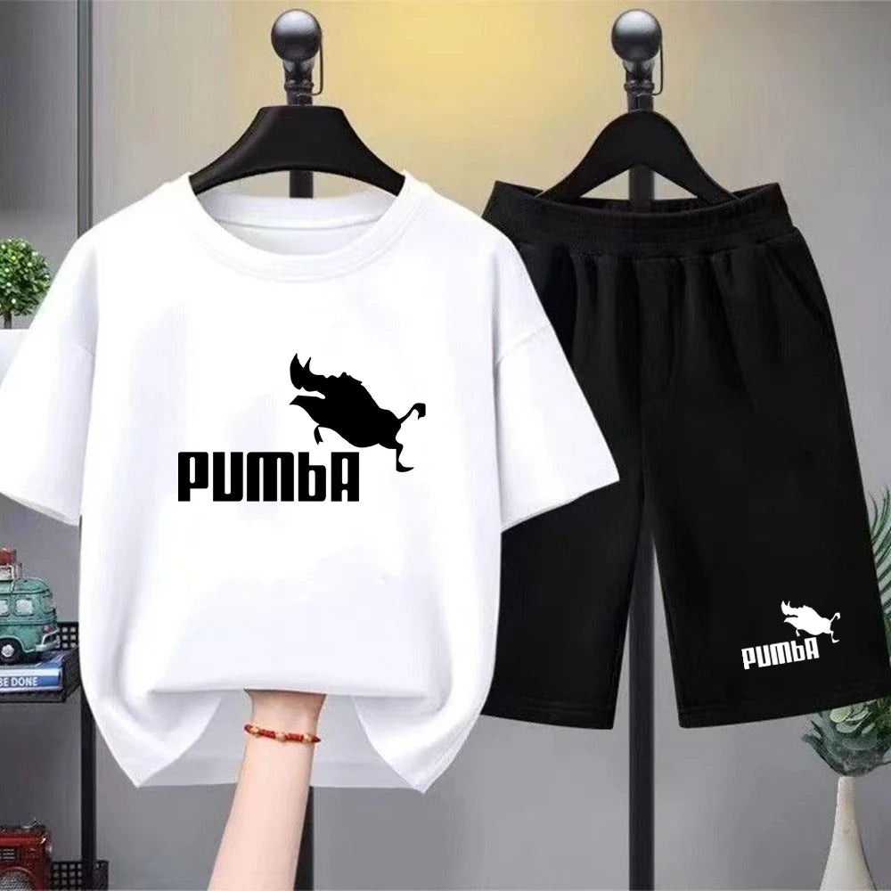 Black Children T-shirt+Bottom Wear Age 3-12 Boy Girls Set 2pcs Kids Set Wild Boar Summer Tshirt Print Leisure