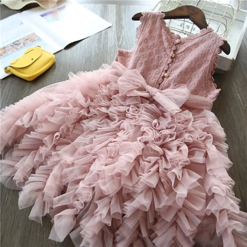 Summer Casual All Match Kawaii Girls Party Dress Patchwork Sleeveless Layered Dress Embroidered Ball Gown Chic Costumes for Kids