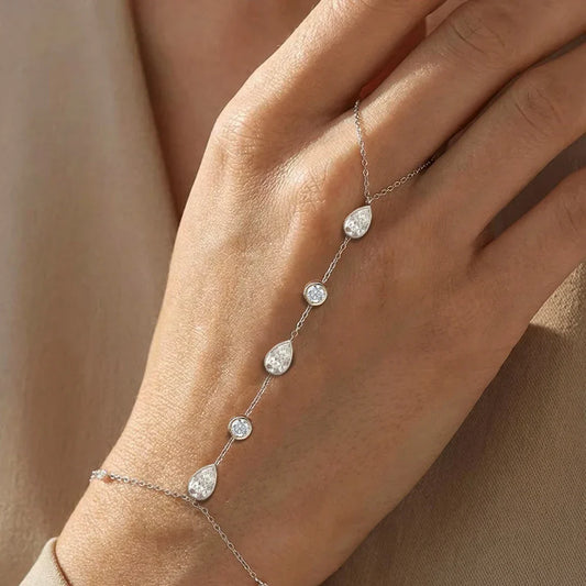 Bagues et bracelets en moissanite ronds/gouttes d'eau pour femmes en argent sterling 925, chaînes de poignet et de doigts ajustables