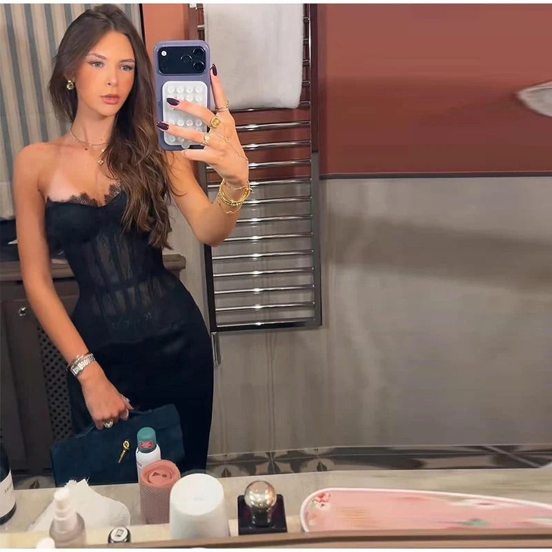 Sexy Women Sheer Lace Corset Top Bodycon Strapless Boned Bustier Sleeveless Back Lace-up Outfit 2026 New Fashion Party Clubwear