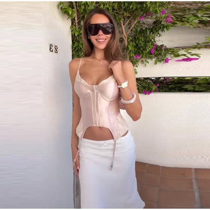 Sexy Lace Patchwork Women Tank Top Club Zippers Sling Deep V-neck Backless Female Vest 2026 Summer Vacation Lady Crop Tops