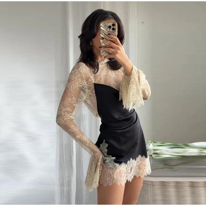 Elegant Lace Trim Satin Dress Women High Neck Color Block Full Sleeve Y2K Mini Dresses 2026 Spring Lady New Sexy Party Clubwear