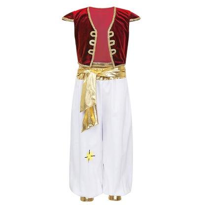 Boys Mythical Prince Arabian Carnival Cosplay Outfit Halloween Party Arabian Prince Role Play Waistcoat Vest Top+Belted Pants