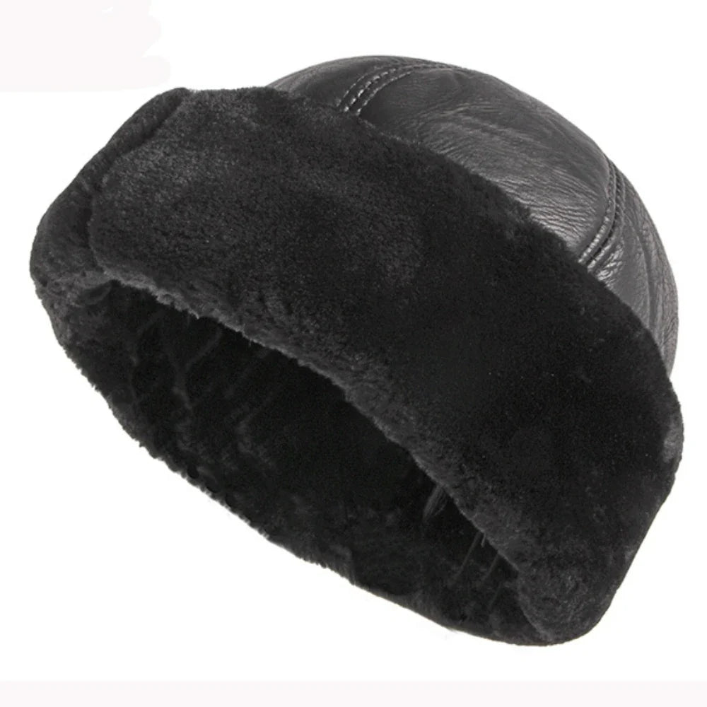 High Quality Autumn Winter Cap Hat PU Leather Thick Warm Pilot Hat Solid Black Fleece Lined Russian Cap 6 Panels Fur Hat