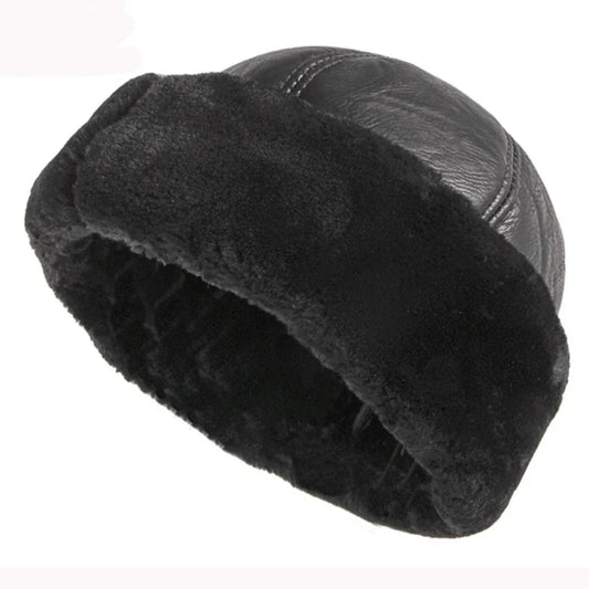 High Quality Autumn Winter Cap Hat PU Leather Thick Warm Pilot Hat Solid Black Fleece Lined Russian Cap 6 Panels Fur Hat