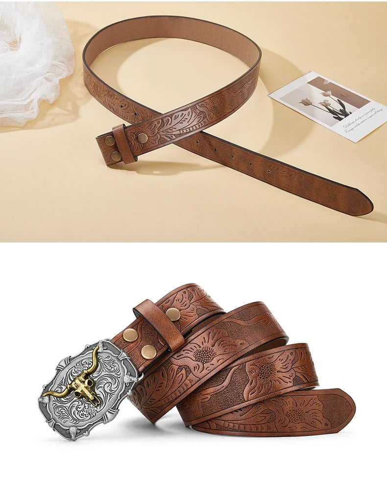 Western Cowboy PU Leather Belt - Men Waist Strap Bull Decoration Floral Engraved for Jeans