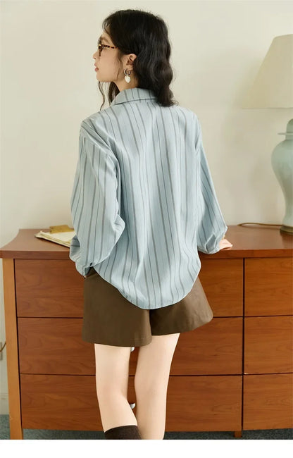 Peach Skin Velvet Stripe Shirt for Women Autumn 2025 Double Layered Collar Contrasting Color Shirt Commute Top MXE47C2408