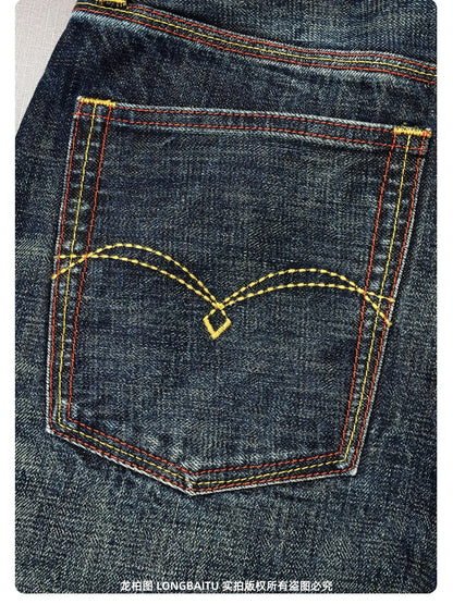 High Quality 100% Cotton Washed Yellow Selvedge Denim Jeans for Men American Vintage Casual Spring Autumn Loose Straight Pants
