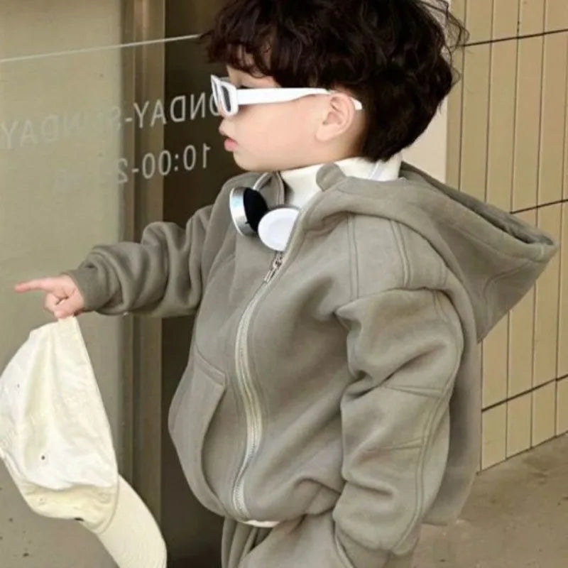2 Pcs Hooded Set New Kid Clothing 2026 Autumn Winter Korean Boy Fleece Lining Thick Girl Fashion Sports Zipper Cotton Outfits