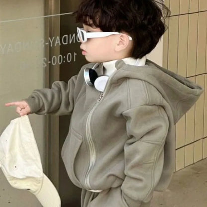 2 Pcs Hooded Set New Kid Clothing 2026 Autumn Winter Korean Boy Fleece Lining Thick Girl Fashion Sports Zipper Cotton Outfits