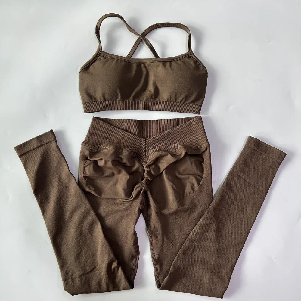 2 Pieces Gym Set For Women Clothes Seamless Scrunch Yoga Leggings Set Backless Sports Bra Fitness Workout Top Yoga Set Outfits