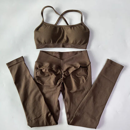 2 Pieces Gym Set For Women Clothes Seamless Scrunch Yoga Leggings Set Backless Sports Bra Fitness Workout Top Yoga Set Outfits