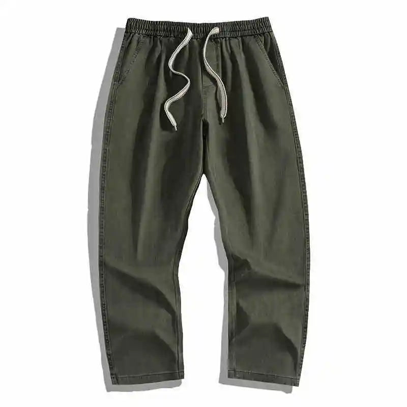 Spring Summer Cargo Pants Men Cotton Enzyme Wash Distressed Loose Fit Straight Leg Khaki Drawstring Elastic Waist Casual Pants