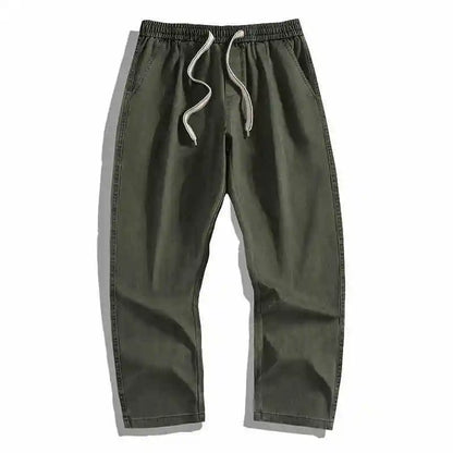 Spring Summer Cargo Pants Men Cotton Enzyme Wash Distressed Loose Fit Straight Leg Khaki Drawstring Elastic Waist Casual Pants
