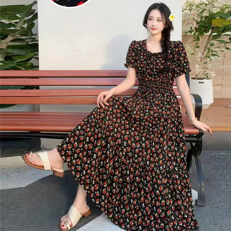 Summer New Cotton Silk Floral Print Maxi Dr ort Sve Beachwear High Waist Young Women's Large Skirt Swing Dr