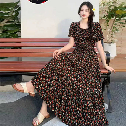 Summer New Cotton Silk Floral Print Maxi Dr ort Sve Beachwear High Waist Young Women's Large Skirt Swing Dr