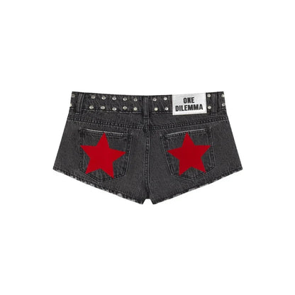 Y2K Low Waist Denim Shorts Women European American Casual Contrasting Loose Fashionable Back Sequin Star Print Hot Pants