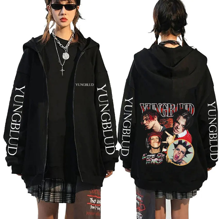 Singer Yungblud Black Hearts Club Zipper Hoodie Male Fleece Cotton Zip Up Hoodies Men Women Rock Vintage Oversized Zip Up Jacket