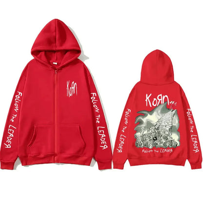Rock Band Korn Follow The Leader Tour 2014 Zipper Hoodie Men Women Retro Gothic Metal Zip Up Jacket Casual Oversized Sweatshirts