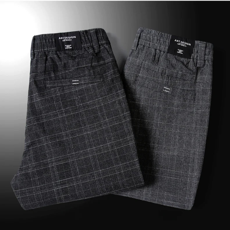 Autumn New Men's Plaid Striped Business Casual Pants Classic Fashionable Straight Elastic Casual Trousers Black Gray Male