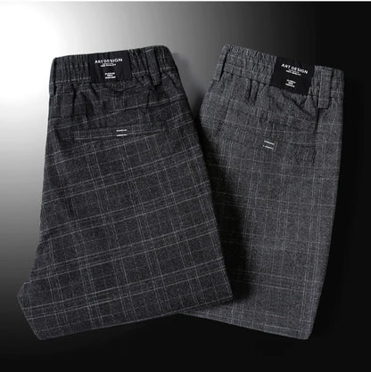 Autumn New Men's Plaid Striped Business Casual Pants Classic Fashionable Straight Elastic Casual Trousers Black Gray Male