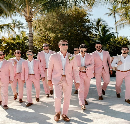 Beige Linen Wedding Suits for Groomsmen 2 Pieces Summer Men Suits Lightweight Breathable Blazer Pants Set Slim Fit Formal Outfit
