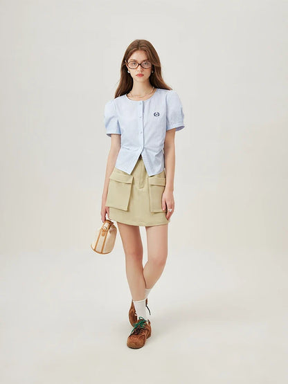 Light Blue Striped All-Match Casual Shirt For Women 2024 Summer Short Sleeve New Design Slim Female Shirt 24FS12268