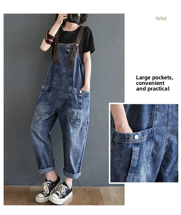 Anti-Aging High Waist Loose Women's Denim Overalls Korean Sle Summer Faion Thinming Harem Nine-Piece Pants