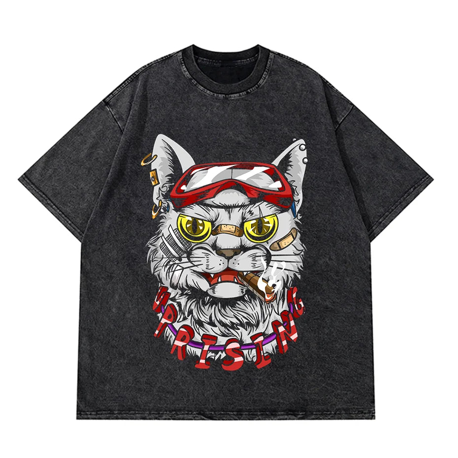 Anime Pain Printed T Shirt Men Retro Washed 100% Cotton Tops Tees Harajuku Tshirt 2023 Streetwear Hip Hop Male T-shirts
