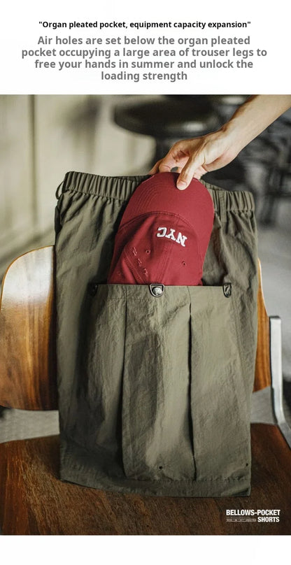Casual Green Pocket Shorts Men's Summer Lightweight Woven Straight Leg Shorts Elastic Waist Retro Street Versatile Bottoms
